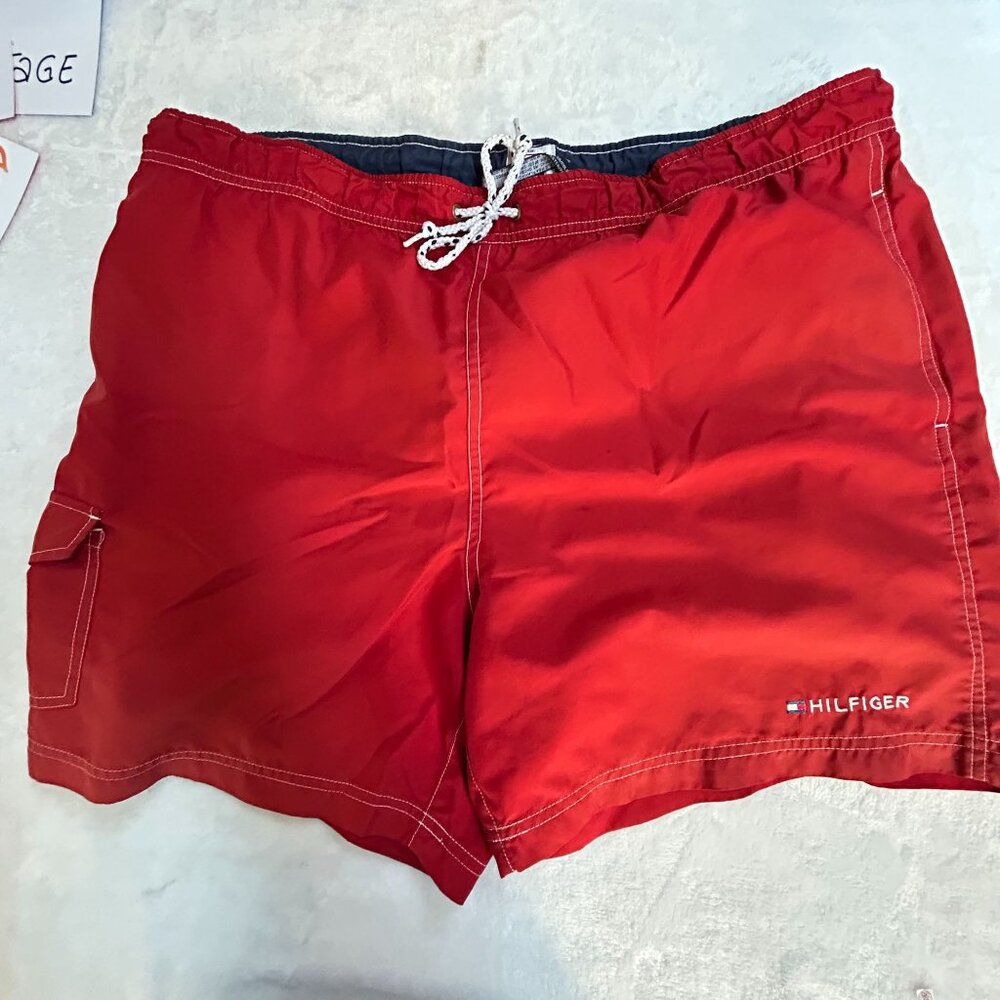 Tommy Hilfiger Mens Red Swim Trunk Shorts XL Mesh Lining Drawstring Waist Pocket